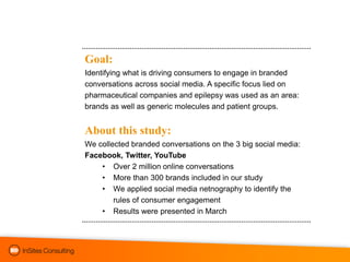 Goal:
Identifying what is driving consumers to engage in branded
conversations across social media. A specific focus lied on
pharmaceutical companies and epilepsy was used as an area:
brands as well as generic molecules and patient groups.


About this study:
We collected branded conversations on the 3 big social media:
Facebook, Twitter, YouTube
    • Over 2 million online conversations
    • More than 300 brands included in our study
    • We applied social media netnography to identify the
        rules of consumer engagement
    • Results were presented in March
 
