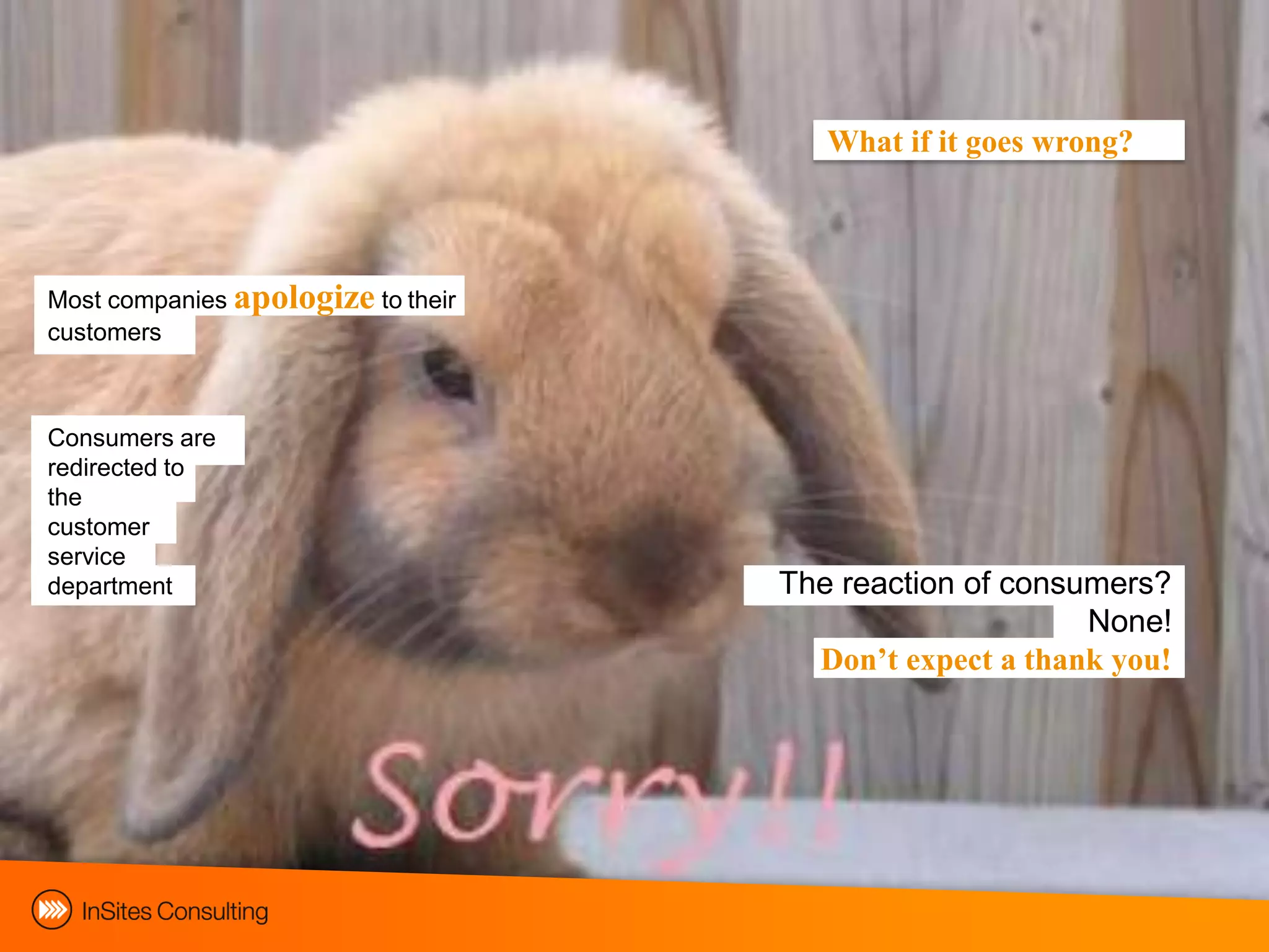 What if it goes wrong?



Most companies apologize to their
customers



Consumers are
redirected to
the
customer
service
department                          The reaction of consumers?
                                                         None!
                                      Don‟t expect a thank you!
 