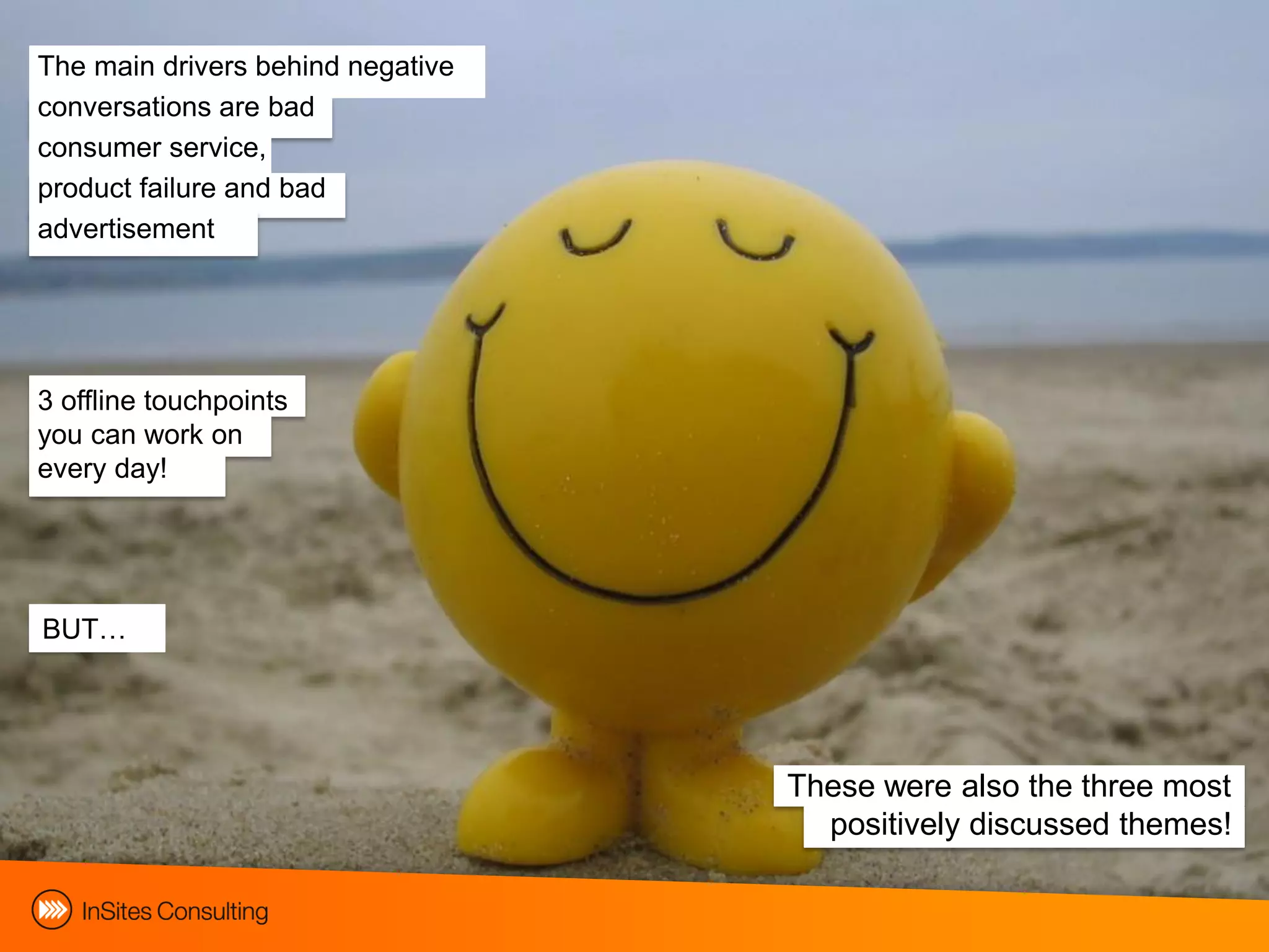 The main drivers behind negative
conversations are bad
consumer service,
product failure and bad
advertisement




3 offline touchpoints
you can work on
every day!




BUT…




                                   These were also the three most
                                     positively discussed themes!
 