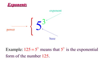 ExponentsExponents
{ 3
5power
base
exponent
3 3
means that is the exponential
form of t
Example:
he number
125 5 5
.125
=
 