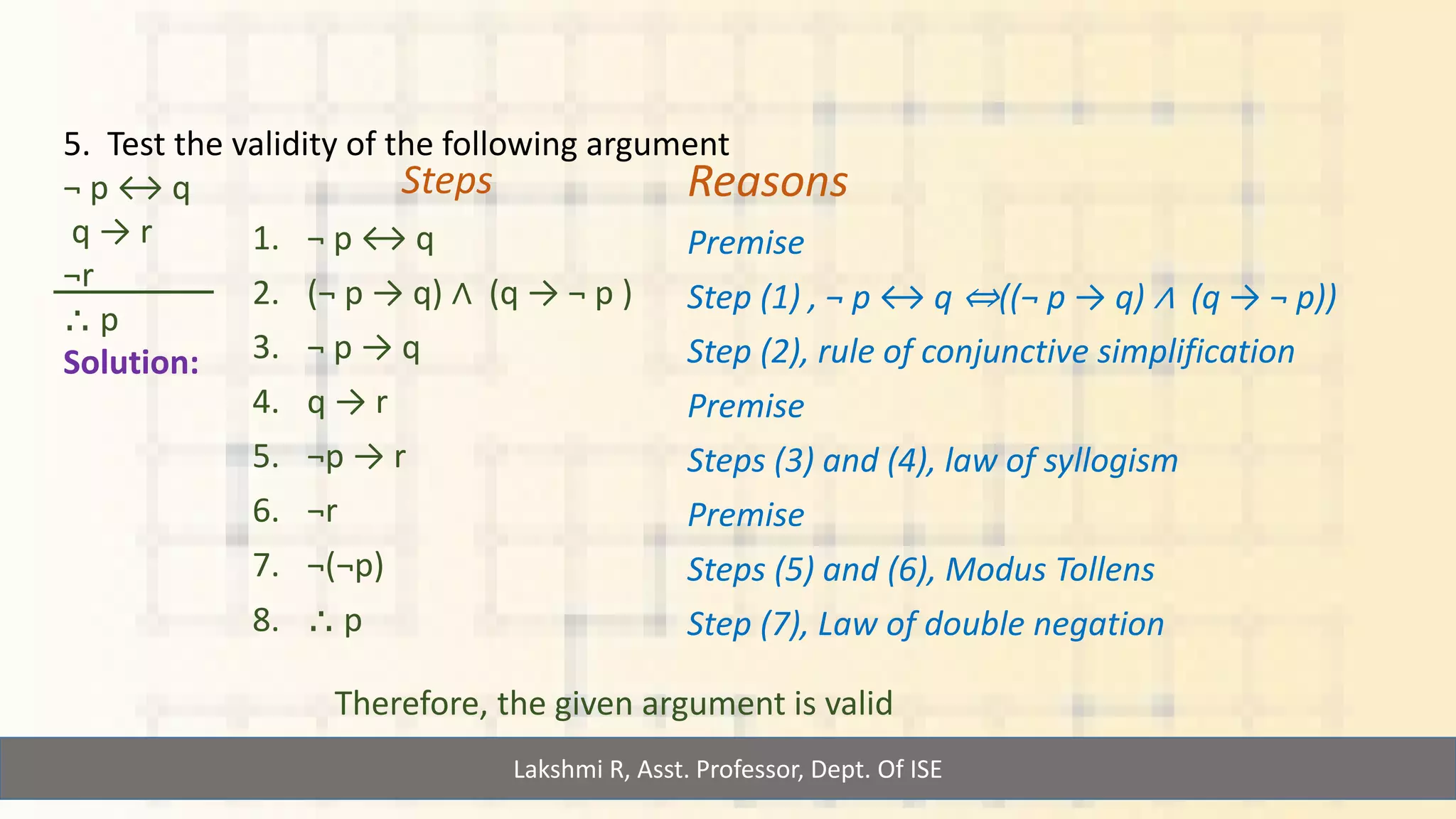 Lakshmi R, Asst. Professor, Dept. Of ISE
5. Test the validity of the following argument
¬ p ↔ q
q → r
¬r
⸫ p
Solution:
Steps
1. ¬ p ↔ q
2. (¬ p → q) ∧ (q → ¬ p )
3. ¬ p → q
4. q → r
5. ¬p → r
6. ¬r
7. ¬(¬p)
8. ⸫ p
Reasons
Premise
Step (1) , ¬ p ↔ q ⇔((¬ p → q) ∧ (q → ¬ p))
Step (2), rule of conjunctive simplification
Premise
Steps (3) and (4), law of syllogism
Premise
Steps (5) and (6), Modus Tollens
Step (7), Law of double negation
Therefore, the given argument is valid
 