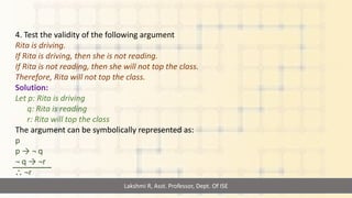 Lakshmi R, Asst. Professor, Dept. Of ISE
4. Test the validity of the following argument
Rita is driving.
If Rita is driving, then she is not reading.
If Rita is not reading, then she will not top the class.
Therefore, Rita will not top the class.
Solution:
Let p: Rita is driving
q: Rita is reading
r: Rita will top the class
The argument can be symbolically represented as:
p
p → ¬ q
¬ q → ¬r
⸫ ¬r
 
