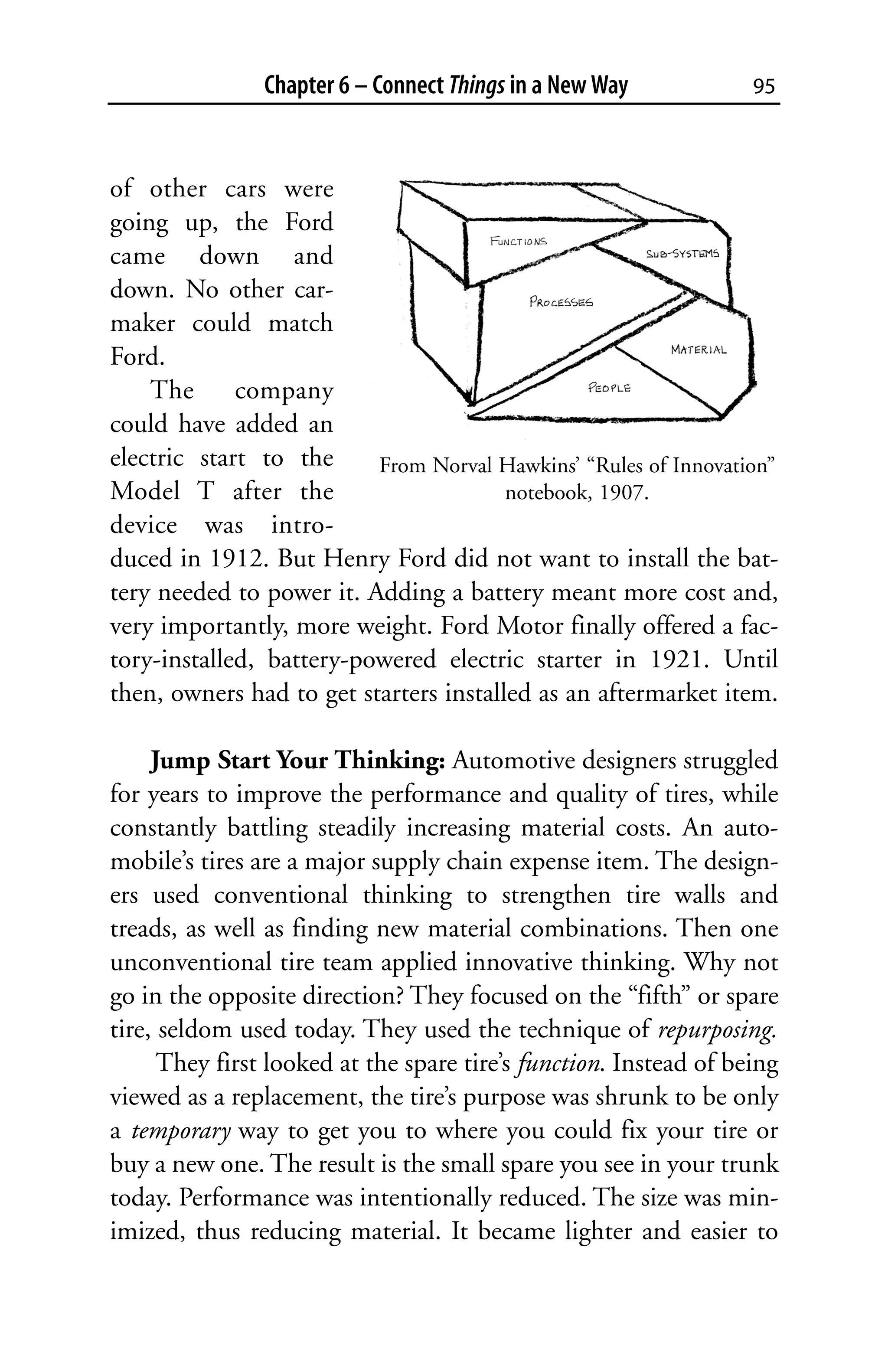 Chapter 6 – Connect Things in a New Way            95



of other cars were
going up, the Ford
came down and
down. No other car-
maker could match
Ford.
    The      company
could have added an
electric start to the     From Norval Hawkins’ “Rules of Innovation”
Model T after the                       notebook, 1907.
device was intro-
duced in 1912. But Henry Ford did not want to install the bat-
tery needed to power it. Adding a battery meant more cost and,
very importantly, more weight. Ford Motor finally offered a fac-
tory-installed, battery-powered electric starter in 1921. Until
then, owners had to get starters installed as an aftermarket item.

     Jump Start Your Thinking: Automotive designers struggled
for years to improve the performance and quality of tires, while
constantly battling steadily increasing material costs. An auto-
mobile’s tires are a major supply chain expense item. The design-
ers used conventional thinking to strengthen tire walls and
treads, as well as finding new material combinations. Then one
unconventional tire team applied innovative thinking. Why not
go in the opposite direction? They focused on the “fifth” or spare
tire, seldom used today. They used the technique of repurposing.
      They first looked at the spare tire’s function. Instead of being
viewed as a replacement, the tire’s purpose was shrunk to be only
a temporary way to get you to where you could fix your tire or
buy a new one. The result is the small spare you see in your trunk
today. Performance was intentionally reduced. The size was min-
imized, thus reducing material. It became lighter and easier to
 