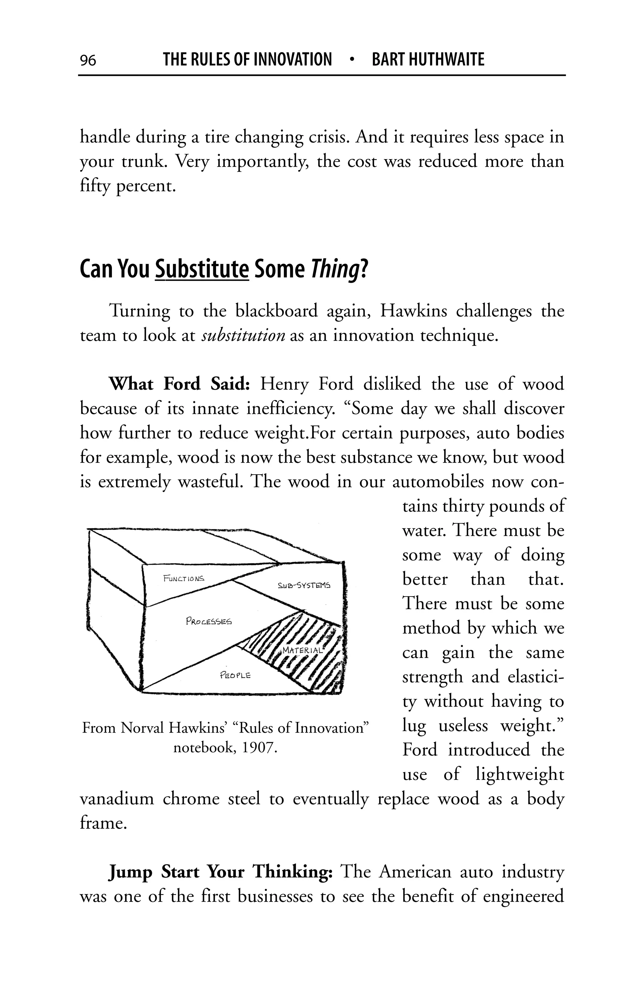 96         THE RULES OF INNOVATION • BART HUTHWAITE


handle during a tire changing crisis. And it requires less space in
your trunk. Very importantly, the cost was reduced more than
fifty percent.



Can You Substitute Some Thing?
   Turning to the blackboard again, Hawkins challenges the
team to look at substitution as an innovation technique.

    What Ford Said: Henry Ford disliked the use of wood
because of its innate inefficiency. “Some day we shall discover
how further to reduce weight.For certain purposes, auto bodies
for example, wood is now the best substance we know, but wood
is extremely wasteful. The wood in our automobiles now con-
                                           tains thirty pounds of
                                           water. There must be
                                           some way of doing
                                           better than that.
                                           There must be some
                                           method by which we
                                           can gain the same
                                           strength and elastici-
                                           ty without having to
From Norval Hawkins’ “Rules of Innovation” lug useless weight.”
            notebook, 1907.                Ford introduced the
                                           use of lightweight
vanadium chrome steel to eventually replace wood as a body
frame.

   Jump Start Your Thinking: The American auto industry
was one of the first businesses to see the benefit of engineered
 