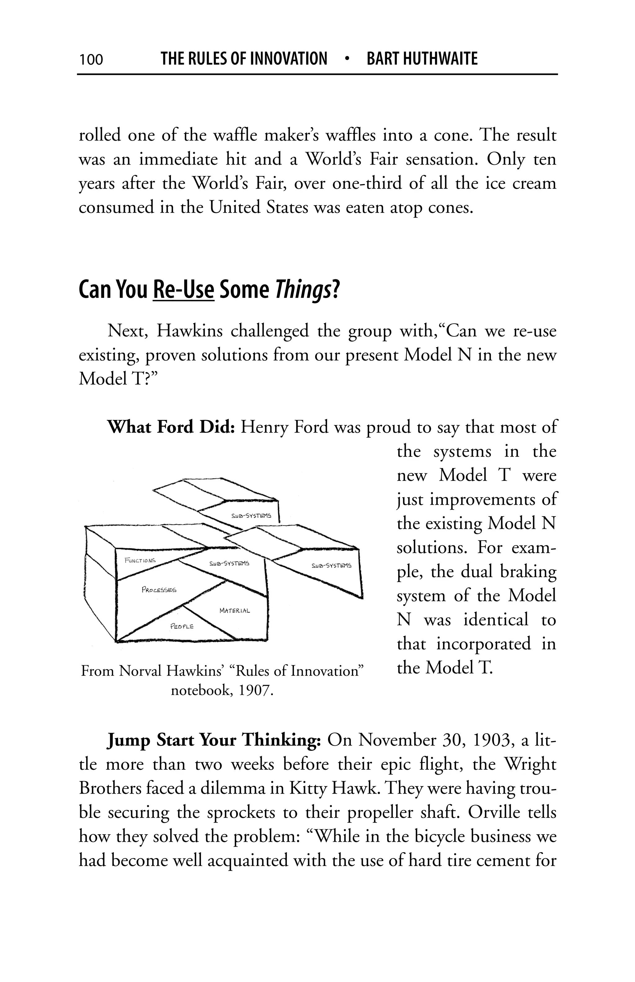 100        THE RULES OF INNOVATION • BART HUTHWAITE


rolled one of the waffle maker’s waffles into a cone. The result
was an immediate hit and a World’s Fair sensation. Only ten
years after the World’s Fair, over one-third of all the ice cream
consumed in the United States was eaten atop cones.



Can You Re-Use Some Things?
    Next, Hawkins challenged the group with,“Can we re-use
existing, proven solutions from our present Model N in the new
Model T?”

   What Ford Did: Henry Ford was proud to say that most of
                                           the systems in the
                                           new Model T were
                                           just improvements of
                                           the existing Model N
                                           solutions. For exam-
                                           ple, the dual braking
                                           system of the Model
                                           N was identical to
                                           that incorporated in
From Norval Hawkins’ “Rules of Innovation” the Model T.
            notebook, 1907.


    Jump Start Your Thinking: On November 30, 1903, a lit-
tle more than two weeks before their epic flight, the Wright
Brothers faced a dilemma in Kitty Hawk. They were having trou-
ble securing the sprockets to their propeller shaft. Orville tells
how they solved the problem: “While in the bicycle business we
had become well acquainted with the use of hard tire cement for
 