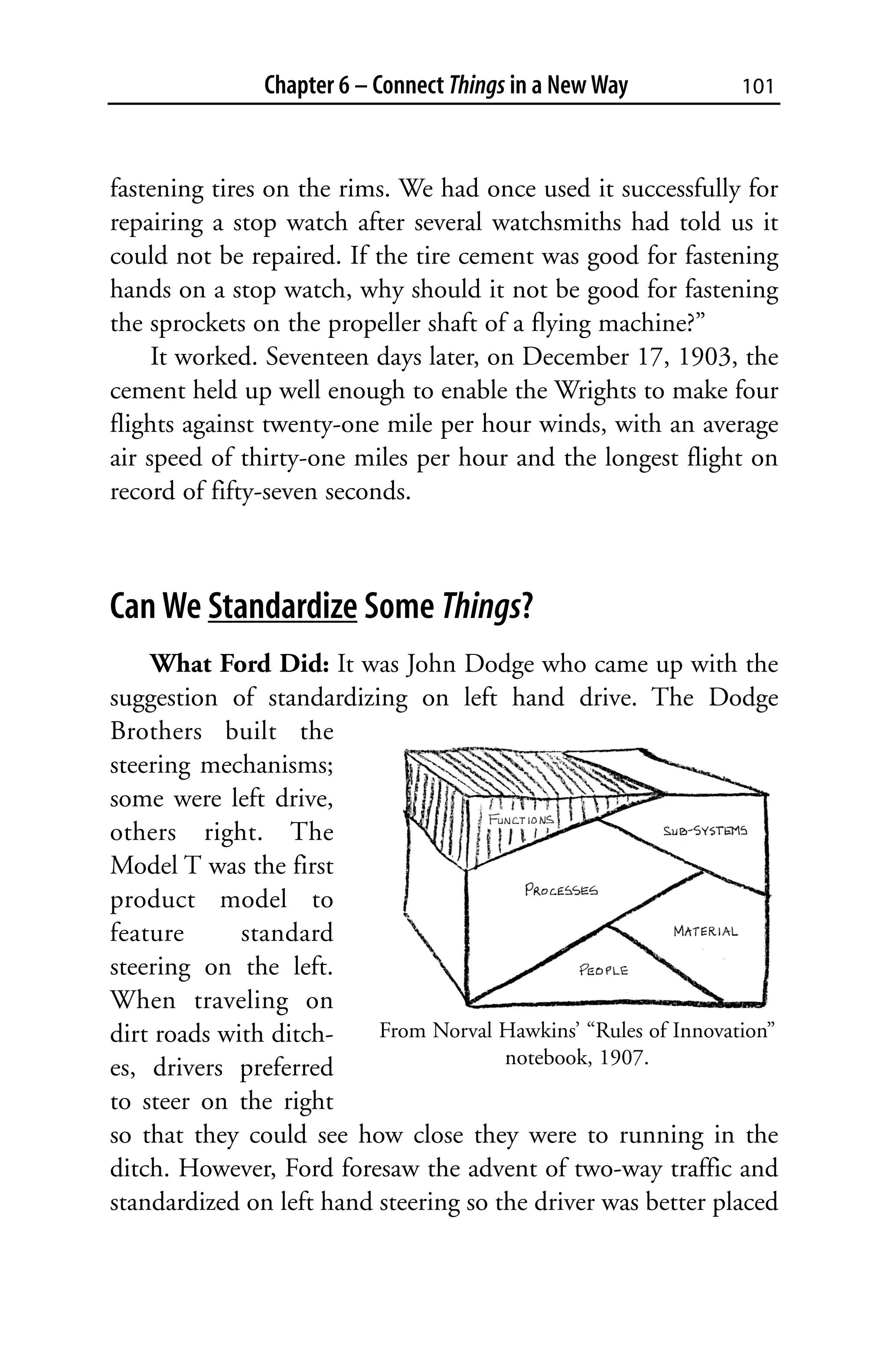 Chapter 6 – Connect Things in a New Way          101



fastening tires on the rims. We had once used it successfully for
repairing a stop watch after several watchsmiths had told us it
could not be repaired. If the tire cement was good for fastening
hands on a stop watch, why should it not be good for fastening
the sprockets on the propeller shaft of a flying machine?”
     It worked. Seventeen days later, on December 17, 1903, the
cement held up well enough to enable the Wrights to make four
flights against twenty-one mile per hour winds, with an average
air speed of thirty-one miles per hour and the longest flight on
record of fifty-seven seconds.



Can We Standardize Some Things?
    What Ford Did: It was John Dodge who came up with the
suggestion of standardizing on left hand drive. The Dodge
Brothers built the
steering mechanisms;
some were left drive,
others right. The
Model T was the first
product model to
feature      standard
steering on the left.
When traveling on
dirt roads with ditch-    From Norval Hawkins’ “Rules of Innovation”
es, drivers preferred                  notebook, 1907.
to steer on the right
so that they could see how close they were to running in the
ditch. However, Ford foresaw the advent of two-way traffic and
standardized on left hand steering so the driver was better placed
 