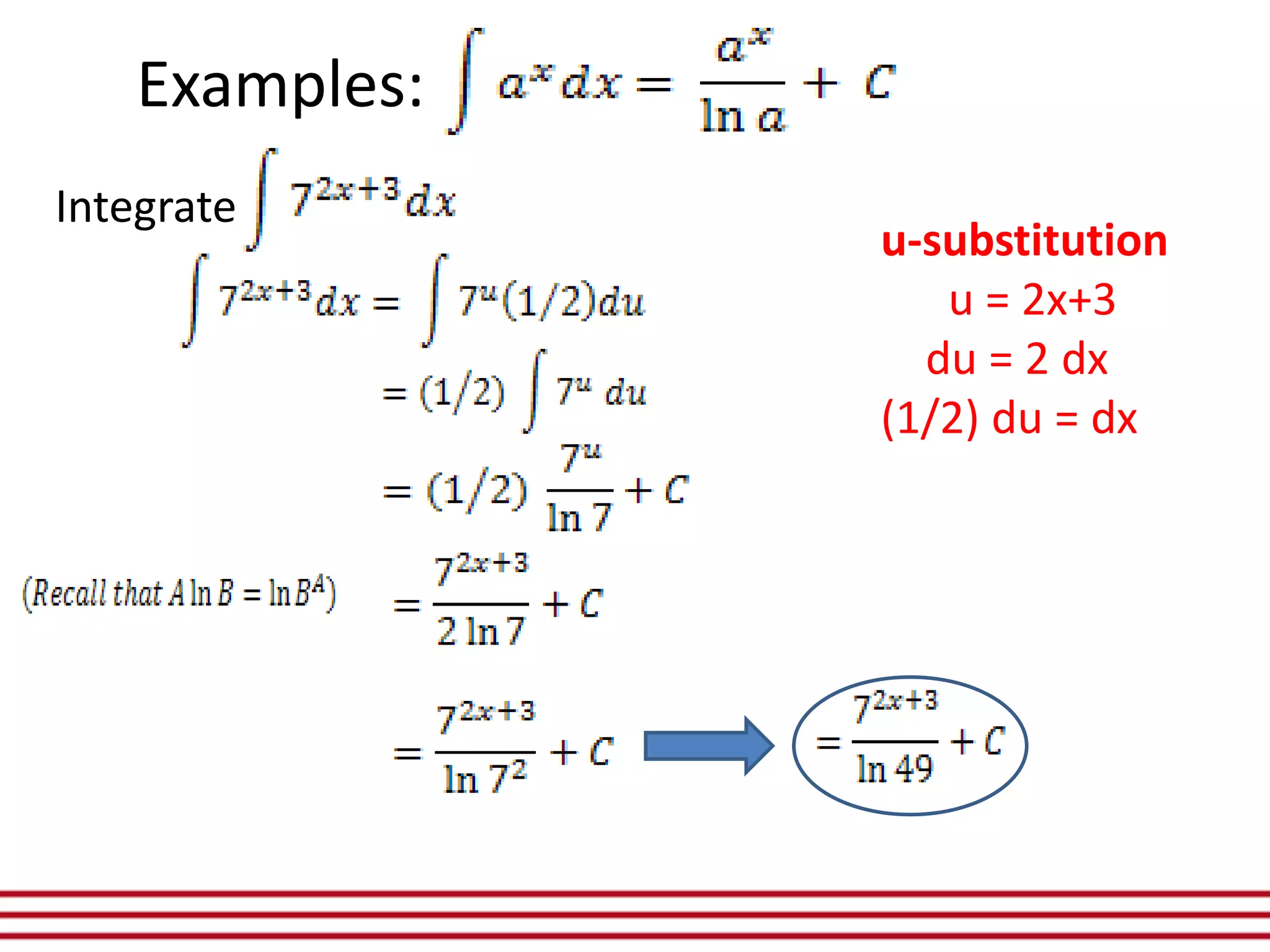 Examples:
Integrate
u-substitution
u = 2x+3
du = 2 dx
(1/2) du = dx
 