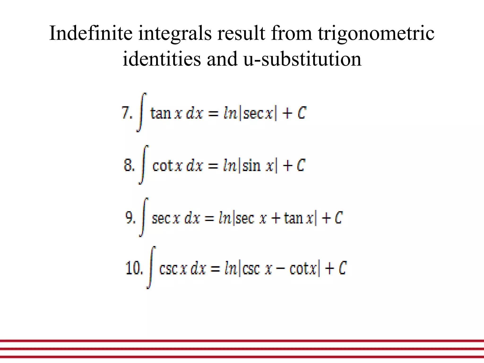 Indefinite integrals result from trigonometric
identities and u-substitution
 