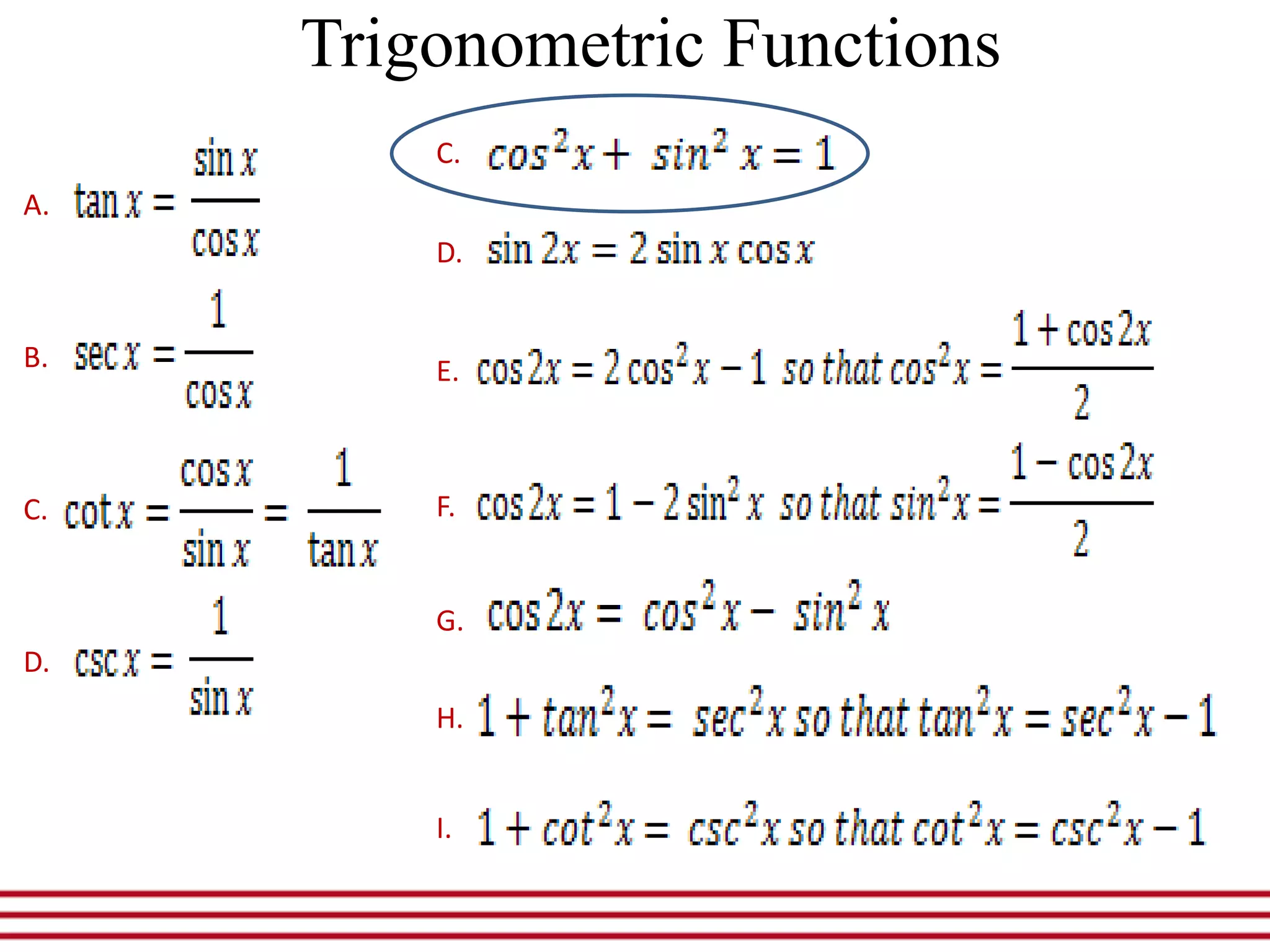 Trigonometric Functions
A.
B.
C.
D.
C.
D.
E.
F.
G.
H.
I.
 