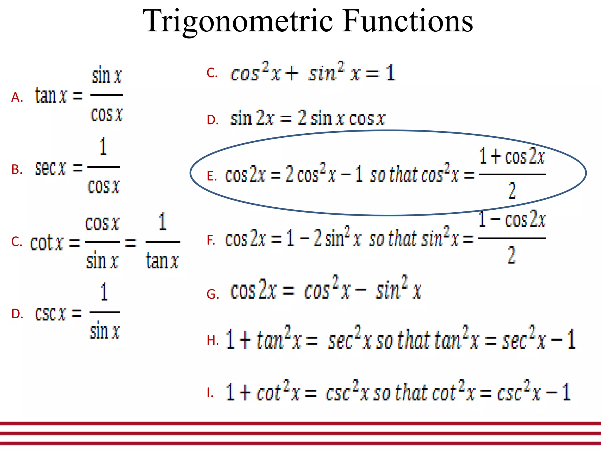 Trigonometric Functions
A.
B.
C.
D.
C.
D.
E.
F.
G.
H.
I.
 