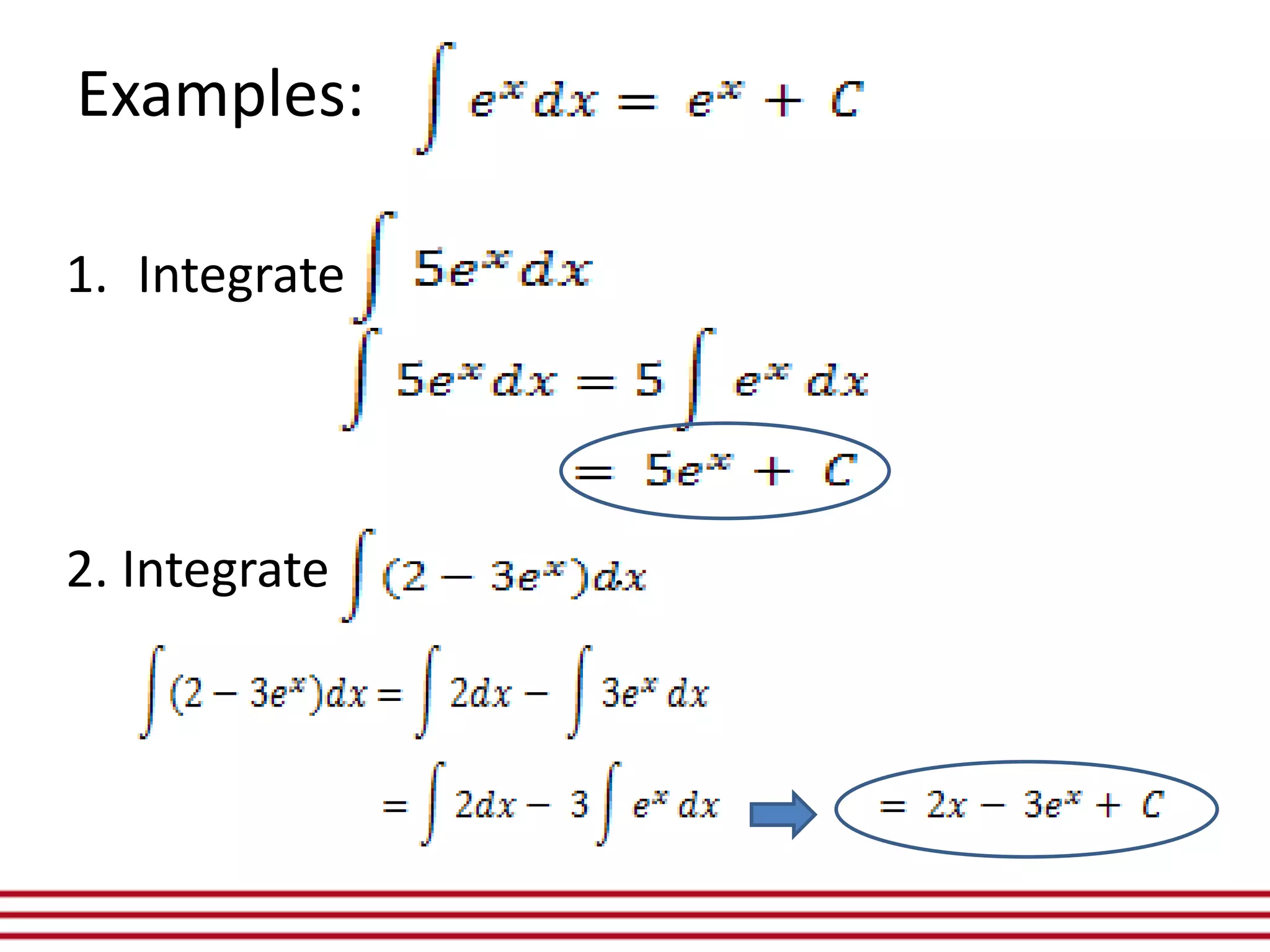 Examples:
1. Integrate
2. Integrate .
 