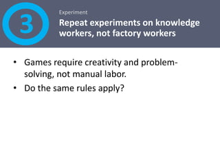 Results 3Performance for knowledge workers declines after 35 hours, not 40.Studies show that creativity and problem solving decreases faster with fatigue than manual labor. Grinding out problems by working longer on average result in inferior solutions.Lack of sleep is particularly damaging. 