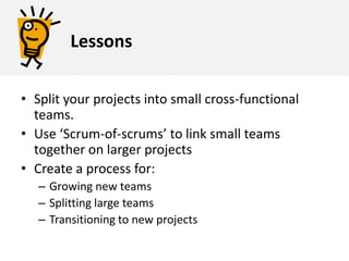 ResultsProductivity is maximized in small teams of 4-8 people.  Productivity for small groups is shown to be 30–50% higher than groups over 10. Cost of communication increases dramatically for groups larger than 10.Smaller groups don’t have enough breadth to solve a wide array of problems well