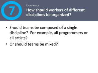 LessonsSeat the team in their own room.  With walls. Give at least 50 square feet per person.  Less reduces productivity. Create side rooms for private conversations, phone calls and meeting with external groups.Minimize non-team distractions.