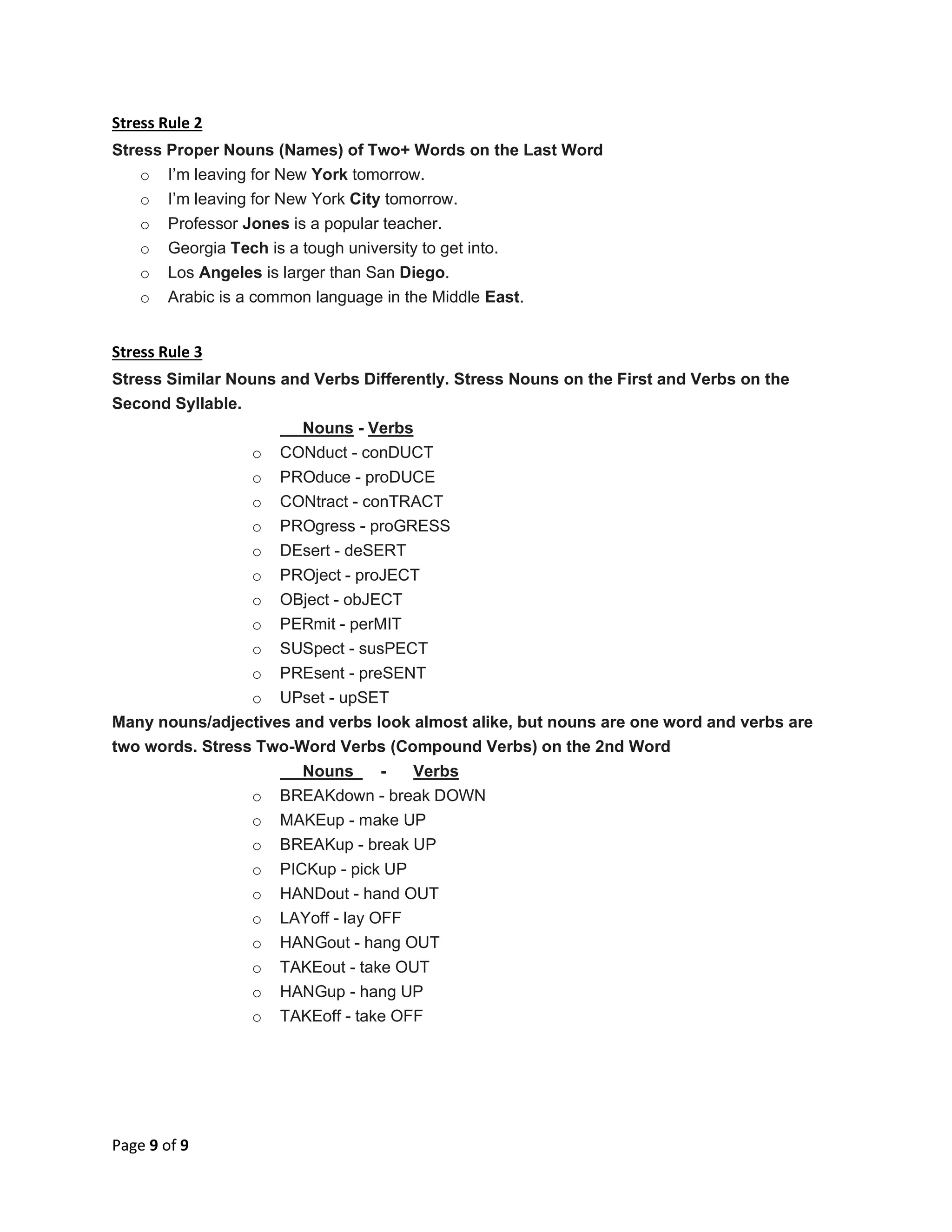 Page 9 of 9
Stress Rule 2
Stress Proper Nouns (Names) of Two+ Words on the Last Word
o I’m leaving for New York tomorrow.
o I’m leaving for New York City tomorrow.
o Professor Jones is a popular teacher.
o Georgia Tech is a tough university to get into.
o Los Angeles is larger than San Diego.
o Arabic is a common language in the Middle East.
Stress Rule 3
Stress Similar Nouns and Verbs Differently. Stress Nouns on the First and Verbs on the
Second Syllable.
Nouns - Verbs
o CONduct - conDUCT
o PROduce - proDUCE
o CONtract - conTRACT
o PROgress - proGRESS
o DEsert - deSERT
o PROject - proJECT
o OBject - obJECT
o PERmit - perMIT
o SUSpect - susPECT
o PREsent - preSENT
o UPset - upSET
Many nouns/adjectives and verbs look almost alike, but nouns are one word and verbs are
two words. Stress Two-Word Verbs (Compound Verbs) on the 2nd Word
Nouns - Verbs
o BREAKdown - break DOWN
o MAKEup - make UP
o BREAKup - break UP
o PICKup - pick UP
o HANDout - hand OUT
o LAYoff - lay OFF
o HANGout - hang OUT
o TAKEout - take OUT
o HANGup - hang UP
o TAKEoff - take OFF
 