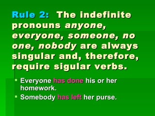 Rule 2:   The indefinite pronouns  anyone, everyone, someone, no one, nobody  are always singular and, therefore, require sigular verbs. Everyone  has done  his or her homework.  Somebody  has left  her purse.  
