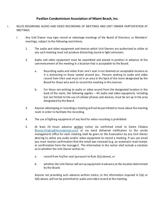 Pavilion Condo Rules on video taping in meetimgs 2018 rules (7)