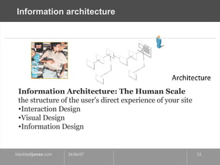 Information architecture Information Architecture: The Human Scale the structure of the user's direct experience of your site Interaction Design Visual Design Information Design 