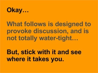 27/05/09 Okay…   What follows is designed to provoke discussion, and is not totally water-tight…   But, stick with it and see where it takes you. 