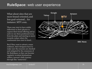 RuleSpace:  web user experience Yahoo Google Amazon BBC News What about sites that are more brand-oriented, and less goal-oriented… for instance: MTV.com. These may start to have subtle inflections to their physics to express their brand offering and as such we see them positioned away from the plain and starting to move towards a place where the continuums laws start to bend…  But if they want to attract a mass audience, their designers have to make sure the excesses are checked and mitigated by the consensus of the RuleSpace so they can become regularly revisited destinations within a person's daily journey through this “metaverse”. MTV 