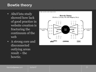 Bowtie theory AltaVista study showed how lack of good practice in website creation is fracturing the continuum of the web A strong core and disconnected outlying areas result – the bowtie. 