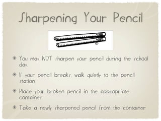 Sharpening Your Pencil


You may NOT sharpen your pencil during the school
day.
If your pencil breaks, walk quietly to the pencil
station.
Place your broken pencil in the appropriate
container
Take a newly sharpened pencil from the container
 