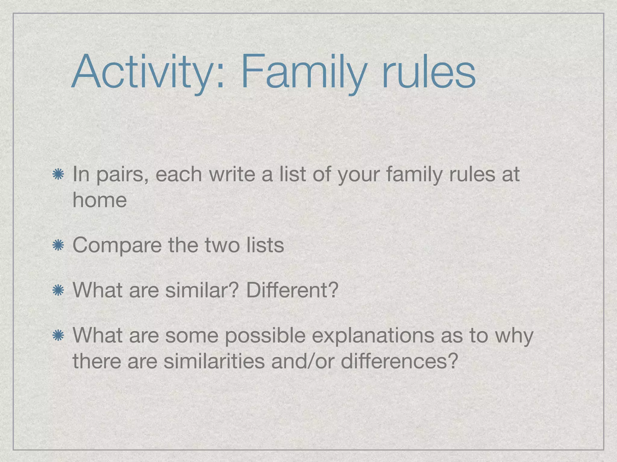 Activity: Family rules 
In pairs, each write a list of your family rules at 
home 
Compare the two lists 
What are similar? Different? 
What are some possible explanations as to why 
there are similarities and/or differences? 
