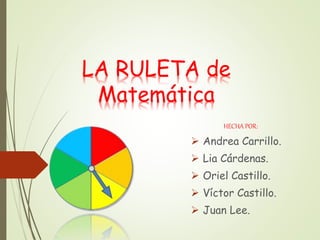 LA RULETA de
Matemática
HECHA POR:
 Andrea Carrillo.
 Lia Cárdenas.
 Oriel Castillo.
 Víctor Castillo.
 Juan Lee.
 