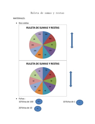 Ruleta de sumas y restas
MATERIALES:
 Dos ruletas
 Fichas :
10 fichas de 100 10 fichas de 1
20 fichas de 10
RULETA DE SU...