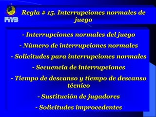 Regla # 15. Interrupciones normales de
                    juego

   - Interrupciones normales del juego
  - Número de interrupciones normales
- Solicitudes para interrupciones normales
      - Secuencia de interrupciones
- Tiempo de descanso y tiempo de descanso
                 técnico
        - Sustitución de jugadores
       - Solicitudes improcedentes
 