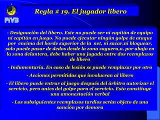 Regla # 19. El jugador libero


 - Designación del libero. Este no puede ser ni capitán de equipo
 ni capitán en juego. No puede ejecutar ningún golpe de ataque
 por encima del borde superior de la net, ni sacar,ni bloquear,
solo puede pasar de dedos desde la zona zaguera,o, por abajo en
la zona delantera, debe haber una jugada entre dos reemplazos
                             de libero
- Indumentaria. En caso de lesión se puede remplazar por otro
         - Acciones permitidas que involucran al libero
- El libero puede entrar al juego después del árbitro autorizar el
  servicio, pero antes del golpe para el servicio. Esto constituye
                     una amonestación verbal
  - Los subsiguientes reemplazos tardíos serán objeto de una
                      sanción por demora
 