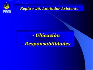 Regla # 26. Anotador Asistente




      - Ubicación
- Responsabilidades
 