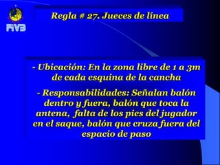 Regla # 27. Jueces de línea




- Ubicación: En la zona libre de 1 a 3m
    de cada esquina de la cancha
 - Responsabilidades: Señalan balón
   dentro y fuera, balón que toca la
 antena, falta de los pies del jugador
en el saque, balón que cruza fuera del
           espacio de paso
 