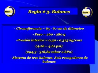 Regla # 3. Balones


  - Circunferencia = 65 - 67 cm de diámetro
             - Peso = 260 - 280 g
   -Presión interior = 0,30 - 0,325 kg/cm2
              (4.26 – 4.61 psi)
         (294,3 - 318,82 mbar o hPa)
- Sistema de tres balones. Seis recogedores de
                    balones
 