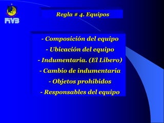 Regla # 4. Equipos



 - Composición del equipo
  - Ubicación del equipo
- Indumentaria. (El Libero)
- Cambio de indumentaria
   - Objetos prohibidos
- Responsables del equipo
 