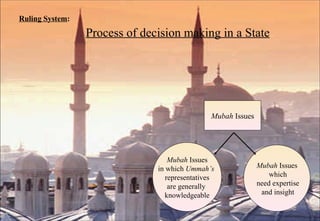 Ruling System :   Process of decision making in a State Mubah  Issues Mubah  Issues in which  Ummah’s   representatives are generally  knowledgeable Mubah  Issues which need expertise and insight 