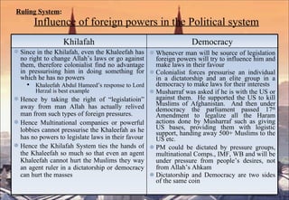 Ruling System :   Influence of foreign powers in the Political system Khilafah Democracy Since in the Khilafah, even the Khaleefah has no right to change Allah’s laws or go against them, therefore colonialist find no advantage in pressurising him in doing something for which he has no powers Khaleefah Abdul Hameed’s response to Lord Herzal is best example Hence by taking the right of “legislatioin” away from man Allah has actually relived man from such types of foreign pressures.  Hence Multinational companies or powerful lobbies cannot pressurise the Khaleefah as he has no powers to legislate laws in their favour Hence the Khilafah System ties the hands of the Khaleefah so much so that even an agent Khaleefah cannot hurt the Muslims they way an agent ruler in a dictatorship or democracy can hurt the masses Whenever man will be source of legislation foreign powers will try to influence him and make laws in their favour Colonialist forces pressurise an individual in a dictatorship and an elite group in a democracy to make laws for their interests Musharraf was asked if he is with the US or against them.  He supported the US to kill Muslims of Afghanistan.  And then under democracy the parliament passed 17 th  Amendment to legalize all the Haram actions done by Musharraf such as giving US bases, providing them with logistic support, handing away 500+ Muslims to the US etc. PM could be dictated by pressure groups, multinational Comps., IMF, WB and will be under pressure from people’s desires, not from Allah’s Ahkam Dictatorship and Democracy are two sides of the same coin 