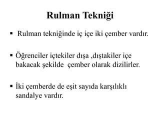 Rulman Tekniği 
 Rulman tekniğinde iç içe iki çember vardır. 
 Öğrenciler içtekiler dışa ,dıştakiler içe 
bakacak şekilde çember olarak dizilirler. 
 İki çemberde de eşit sayıda karşılıklı 
sandalye vardır. 
 