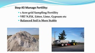 Step #3 Manage Fertility:
 1 Acre grid Sampling/Fertility
 VRT N,P,K, Litter, Lime, Gypsum etc
 Balanced Soil is More S...