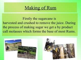 Making of Rum
Firstly the sugarcane is
harvested and crushed to remove the juice. During
the process of making sugar we get a by product
call molasses which forms the base of most Rums.
 