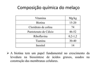 Composição química do melaço
Vitamina Mg/kg
Biotina 15-20
Cloridrato de colina 74
Pantotenato de Cálcio 46-52
Riboflavina 0,2-1,2
Tiamina 30-40
Inositol 14
 A biotina tem um papel fundamental no crescimento da
levedura na biossíntese de ácidos graxos, usados na
construção das membranas celulares.
 