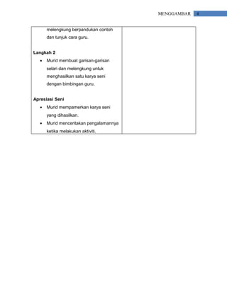 MENGGAMBAR   4


       melengkung berpandukan contoh
       dan tunjuk cara guru.


Langkah 2
   •   Murid membuat garisan-garisan
       selari dan melengkung untuk
       menghasilkan satu karya seni
       dengan bimbingan guru.


Apresiasi Seni
   •   Murid mempamerkan karya seni
       yang dihasilkan.
   •   Murid menceritakan pengalamannya
       ketika melakukan aktiviti.
 