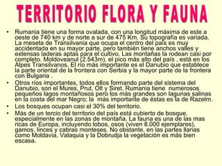 Rumania tiene una forma ovalada, con una longitud máxima de este a oeste de 740 km y de norte a sur de 475 Km. Su topografía es variada. La meseta de Transilvania que ocupa el centro del país es muy accidentada en su mayor parte, pero también tiene anchos valles y extensas laderas aptas para el cultivo. Las montañas la rodean casi por completo. Moldoveanul (2.543m), el pico más alto del país , está en los Alpes Transilvanos. El río más importante es el Danubio que establece la parte oriental de la frontera con Serbia y la mayor parte de la frontera con Bulgaria . Otros ríos importantes, todos ellos formando parte del sistema del Danubio, son el Mures, Prut, Olt y Siret. Rumania tiene  numerosos pequeños lagos montañosos pero los más grandes son lagunas salinas en la costa del mar Negro; la  más importante de éstas es la de Razelm. Los bosques ocupan casi el 30% del territorio. Más de un tercio del territorio del país está cubierto de bosque, especialmente en las zonas de montaña. La fauna es una de las mas ricas de Europa, incluyendo lobos, osos (viven 8.000 ejemplares), gamos, linces y cabras monteses. No obstante, en las partes llanas como Moldavia, Valaquia y la Dobrudja la vegetación es más bien escasa. TERRITORIO FLORA Y FAUNA 
