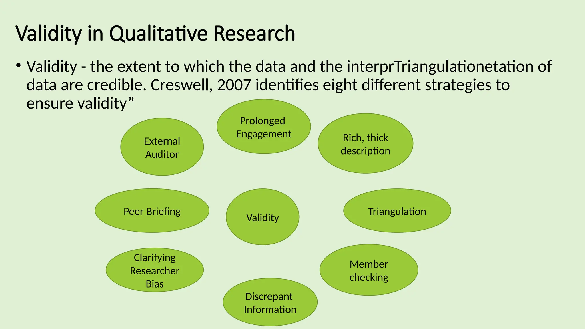 Validity in Qualitative Research
• Validity - the extent to which the data and the interprTriangulationetation of
data are credible. Creswell, 2007 identifies eight different strategies to
ensure validity”
Validity
Prolonged
Engagement
Triangulation
Member
checking
Discrepant
Information
Clarifying
Researcher
Bias
Peer Briefing
External
Auditor
Rich, thick
description
 