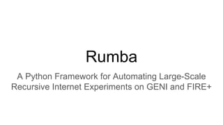 Rumba
A Python Framework for Automating Large-Scale
Recursive Internet Experiments on GENI and FIRE+
 