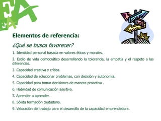 Elementos de referencia:
¿Qué se busca favorecer?
1. Identidad personal basada en valores éticos y morales.
2. Estilo de vida democrático desarrollando la tolerancia, la empatía y el respeto a las
diferencias.
3. Capacidad creativa y crítica.
4. Capacidad de solucionar problemas, con decisión y autonomía.
5. Capacidad para tomar decisiones de manera proactiva .
6. Habilidad de comunicación asertiva.
7. Aprender a aprender.
8. Sólida formación ciudadana.
9. Valoración del trabajo para el desarrollo de la capacidad emprendedora.
 