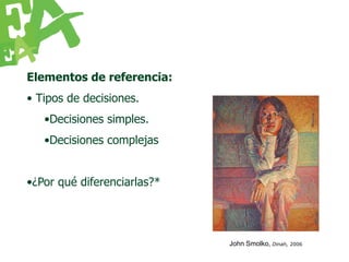 Elementos de referencia:
• Tipos de decisiones.
   •Decisiones simples.
   •Decisiones complejas


•¿Por qué diferenciarlas?*




                             John Smolko, Dinah, 2006
 