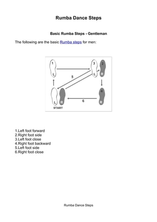 Rumba Dance Steps


                    Basic Rumba Steps - Gentleman

The following are the basic Rumba steps for men:




1.Left foot forward
2.Right foot side
3.Left foot close
4.Right foot backward
5.Left foot side
6.Right foot close




                            Rumba Dance Steps
 