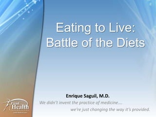 Eating to Live:
   Battle of the Diets



             Enrique Saguil, M.D.
We didn’t invent the practice of medicine….
                we’re just changing the way it’s provided.
 