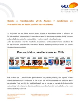 Rumbo         a     Presidenciales         2013:         Análisis     y   estadísticas       de
Precandidatos en Redes sociales durante Marzo



Ya ha pasado un mes desde nuestro primer artículo de seguimiento sobre la actividad de
los precandidatos presidenciales en las redes sociales. Es por eso que tras este tiempo veremos
qué resultado han tenido los precandidatos y equipos usando estas plataformas.
Antes de comenzar a ver los resultados, mostramos a continuación la tabla actualizada de
los precandidatos presidenciales, sumando a Michelle Bachelet (Partido Socialista) y a Roxana
Miranda (Partido Igualdad).




Con un total de 11 precandidatos presidenciales, los partidos políticos y los equipos usarán
muchas estrategias para conquistar el electorado que en la última elección tuvo una pobre
participación (solo un 43% del total habilitado), tras la entrada en vigencia de la inscripción
automática y voto voluntario. A continuación veremos cómo han sido los resultados en las redes
sociales twitter y Facebook.


GRS | CREANDO REDES EFECTIVAS     http://www.facebook.com/GrsSocial                  Página 1 de 8
www.grssocial.com                  http://www.twitter.com/grssocial
contacto@grssocial.com
Santiago, Chile
 